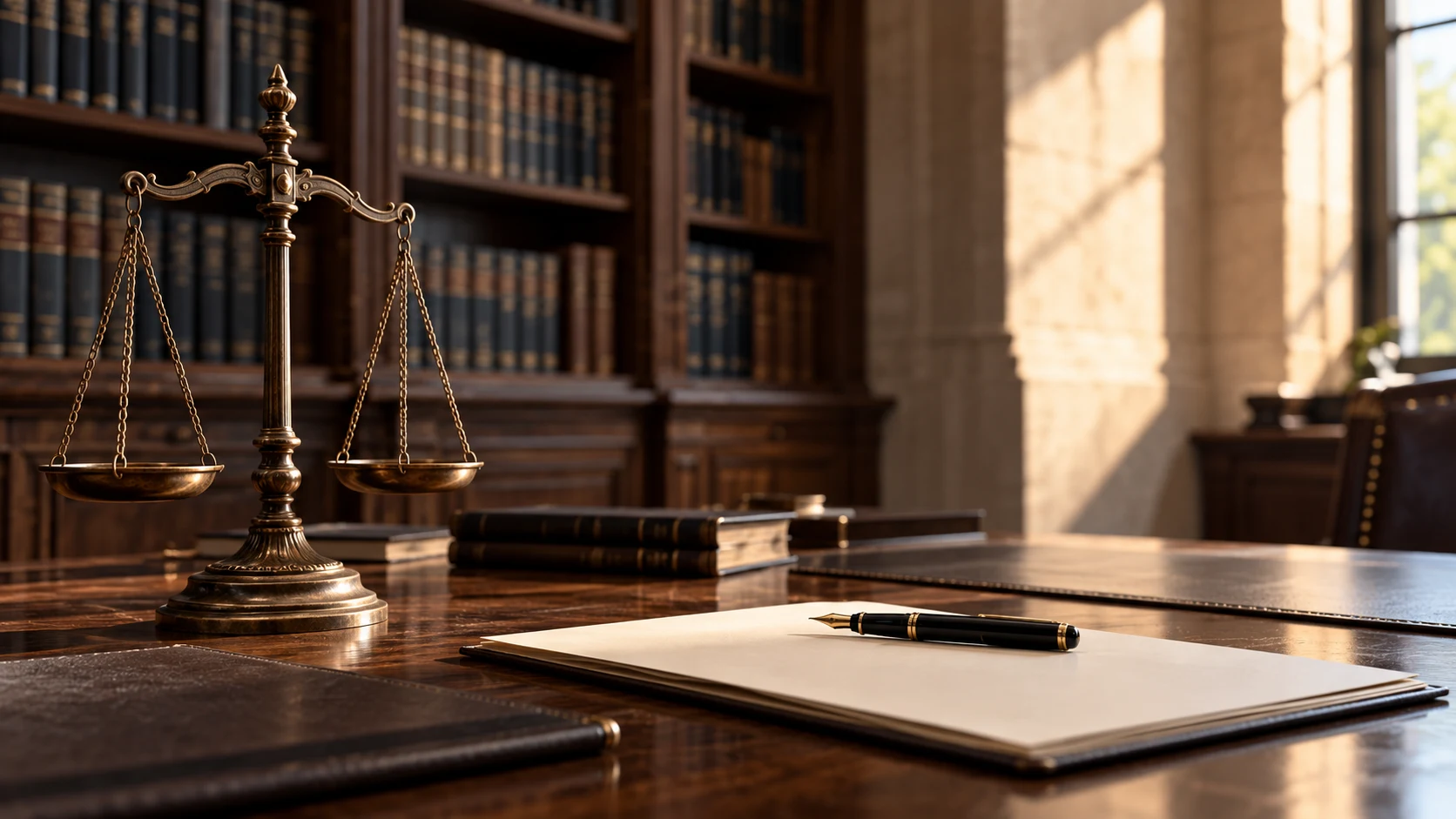 Escritorio jurídico con documentos en una escena conceptual de análisis legal